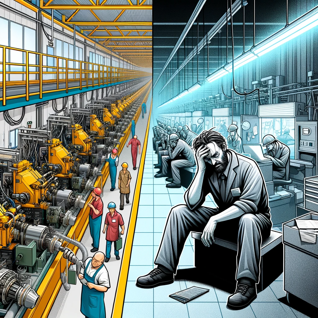Juxtaposition of an efficient assembly line and stressed workers